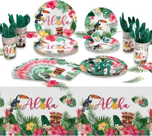 170 Pcs Hawaiian Luau Party Supplies Aloha Plates and Napkins Party Supplies Aloha Tiki Tablecloth Tableware Set Summer Hawaii Paper Cups Cutlery Serves 24 Guests