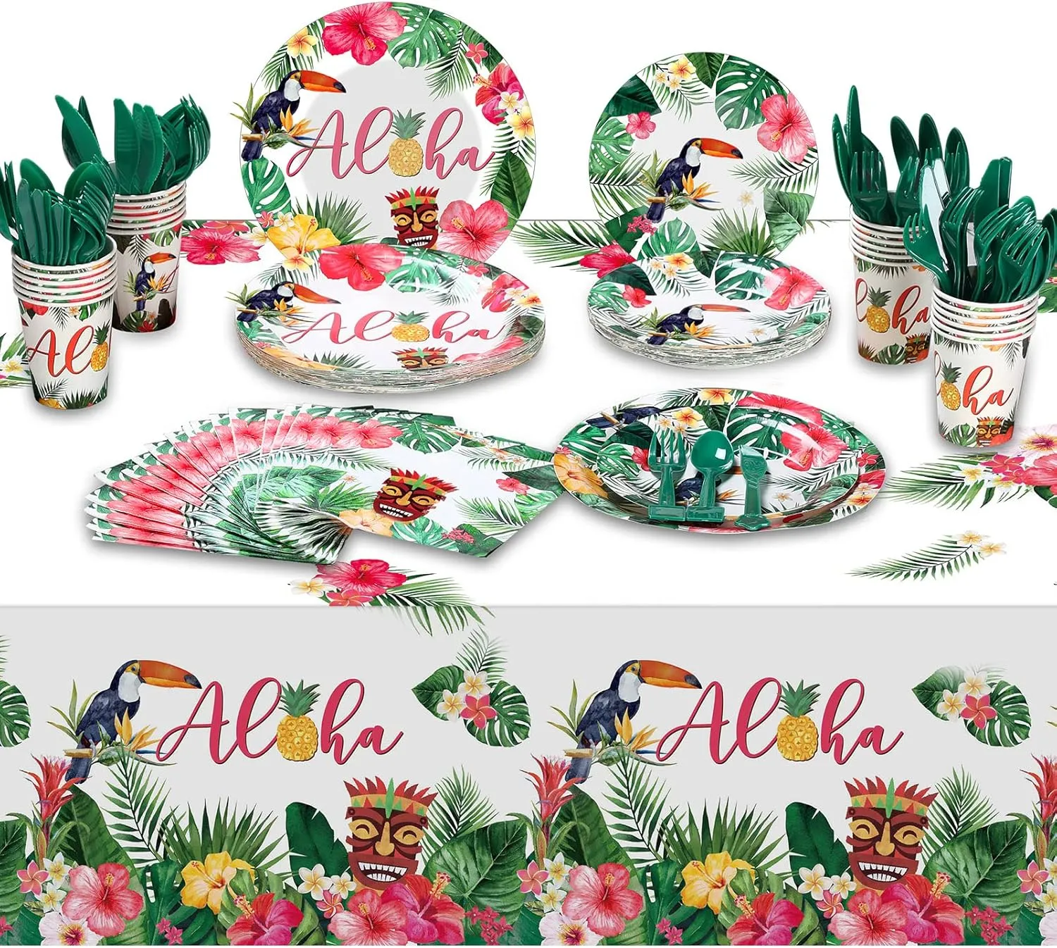 170 Pcs Hawaiian Luau Party Supplies Aloha Plates and Napkins Party Supplies Aloha Tiki Tablecloth Tableware Set Summer Hawaii Paper Cups Cutlery Serves 24 Guests
