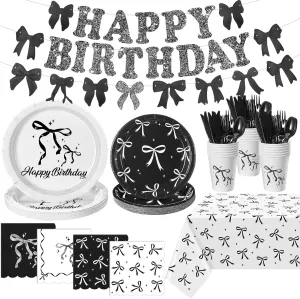 172 Pcs Black Bow Birthday Party Supplies Coquette Cute Bachelorette Party Decor with Bow Napkins Plates Cups Forks Tablecloth Banner Black Bow Tableware for Birthday Baby Shower