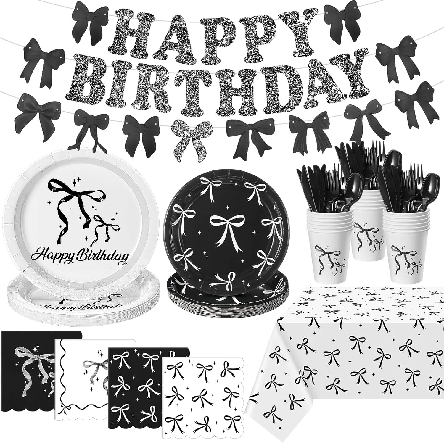 172 Pcs Black Bow Birthday Party Supplies Coquette Cute Bachelorette Party Decor with Bow Napkins Plates Cups Forks Tablecloth Banner Black Bow Tableware for Birthday Baby Shower