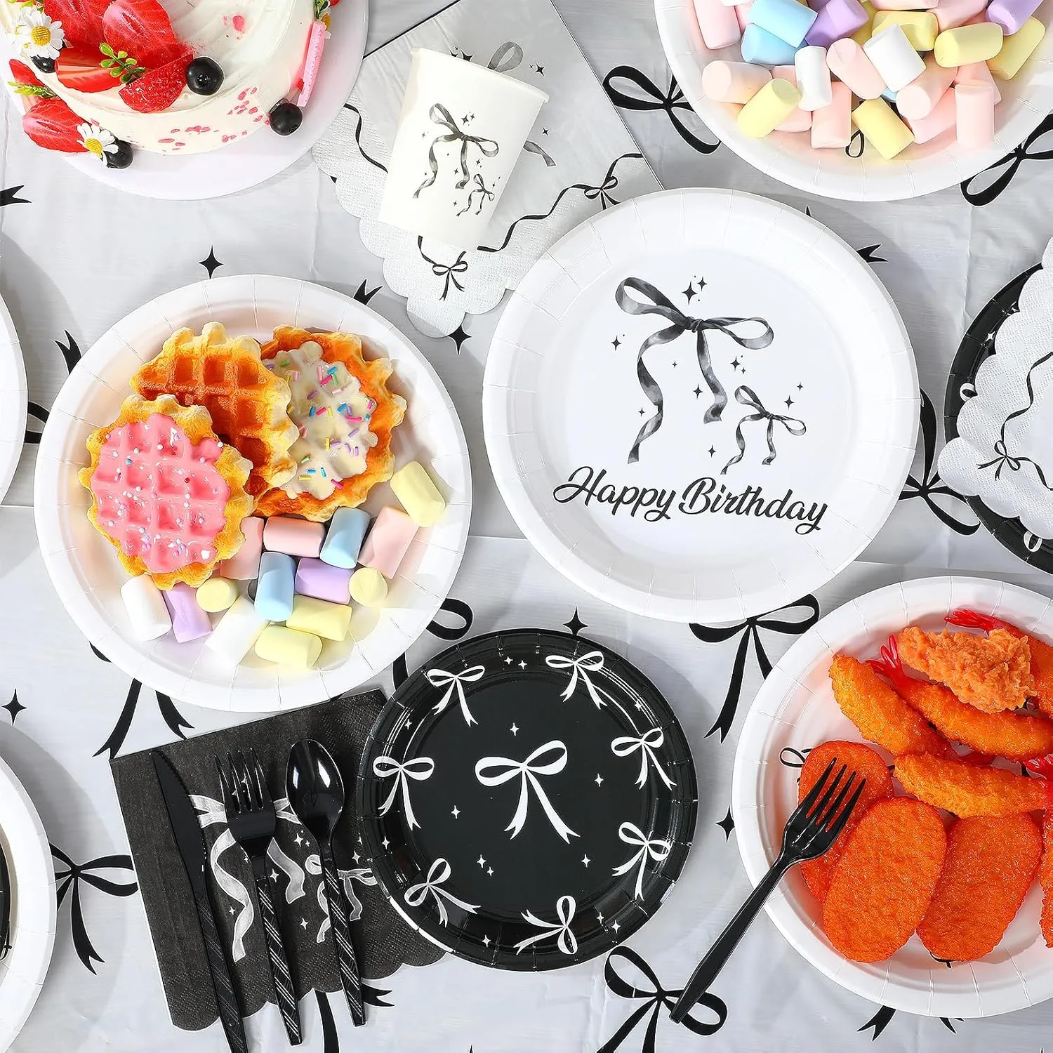 172 Pcs Black Bow Birthday Party Supplies Coquette Cute Bachelorette Party Decor with Bow Napkins Plates Cups Forks Tablecloth Banner Black Bow Tableware for Birthday Baby Shower