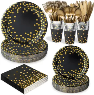 175 Pcs Black and Gold Party Plates Cups and Napkins Sets Black Gold Foil Dot Disposable Dinner Tableware Set With 7" 9" Plates Napkins Cups Knife Fork Spoon Party Supplies Serve 25 Guests