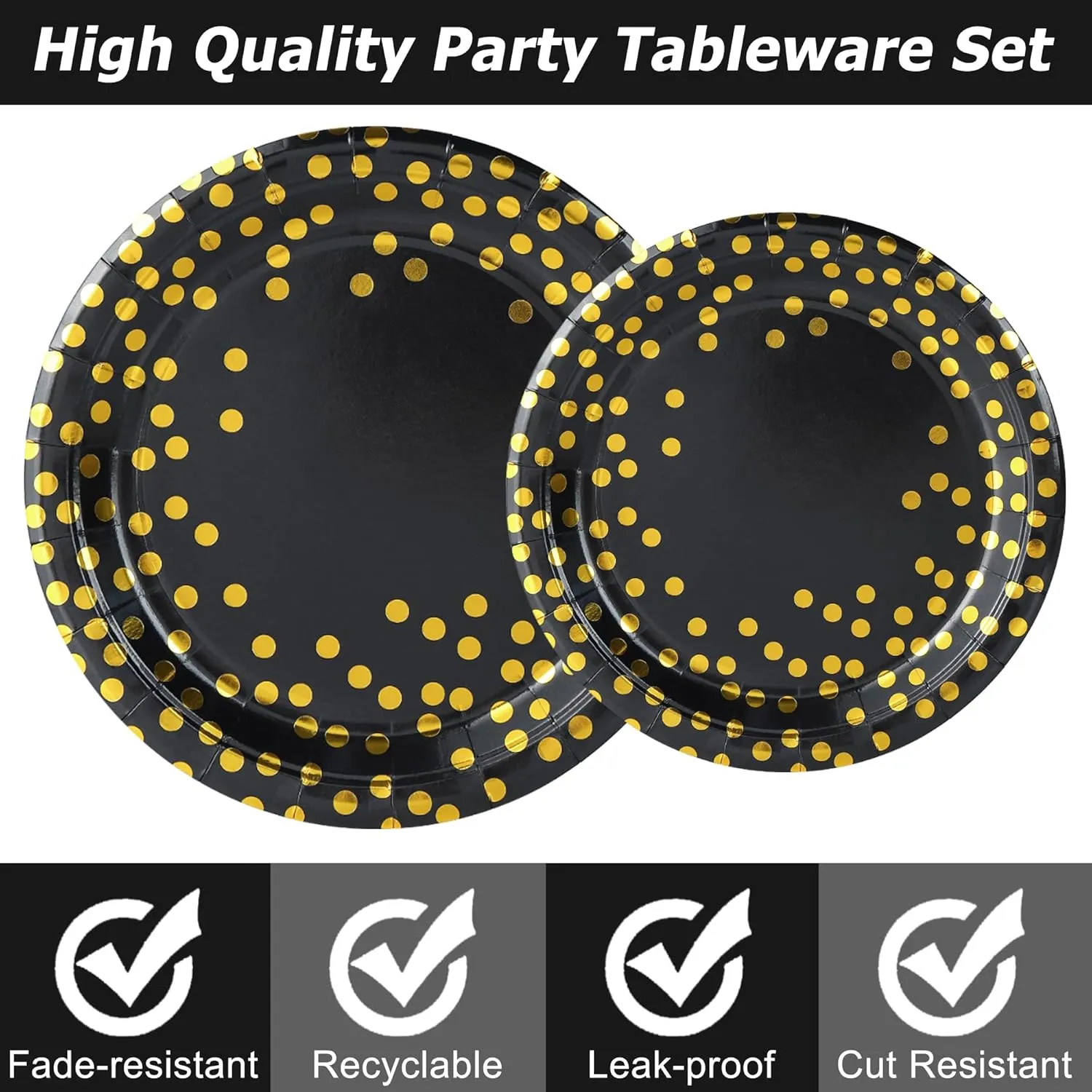 175 Pcs Black and Gold Party Plates Cups and Napkins Sets Black Gold Foil Dot Disposable Dinner Tableware Set With 7" 9" Plates Napkins Cups Knife Fork Spoon Party Supplies Serve 25 Guests
