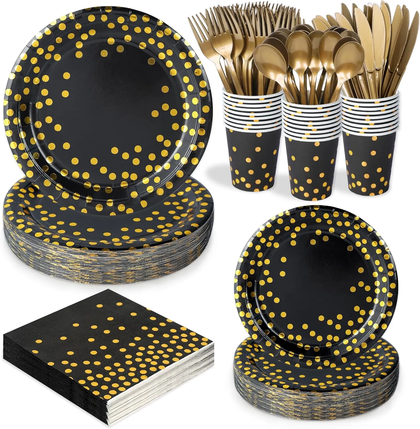 175 Pcs Black and Gold Party Plates Cups and Napkins Sets Black Gold Foil Dot Disposable Dinner Tableware Set With 7" 9" Plates Napkins Cups Knife Fork Spoon Party Supplies Serve 25 Guests