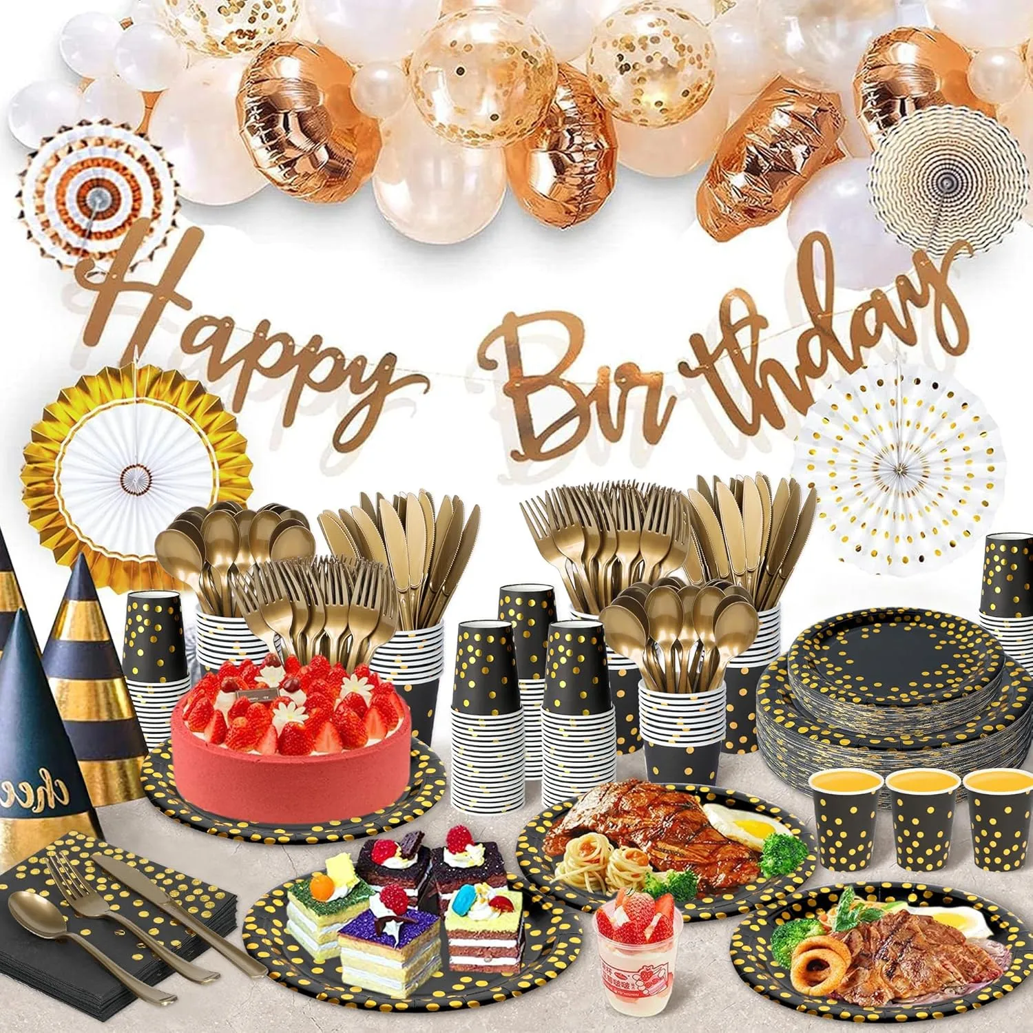 175 Pcs Black and Gold Party Plates Cups and Napkins Sets Black Gold Foil Dot Disposable Dinner Tableware Set With 7" 9" Plates Napkins Cups Knife Fork Spoon Party Supplies Serve 25 Guests