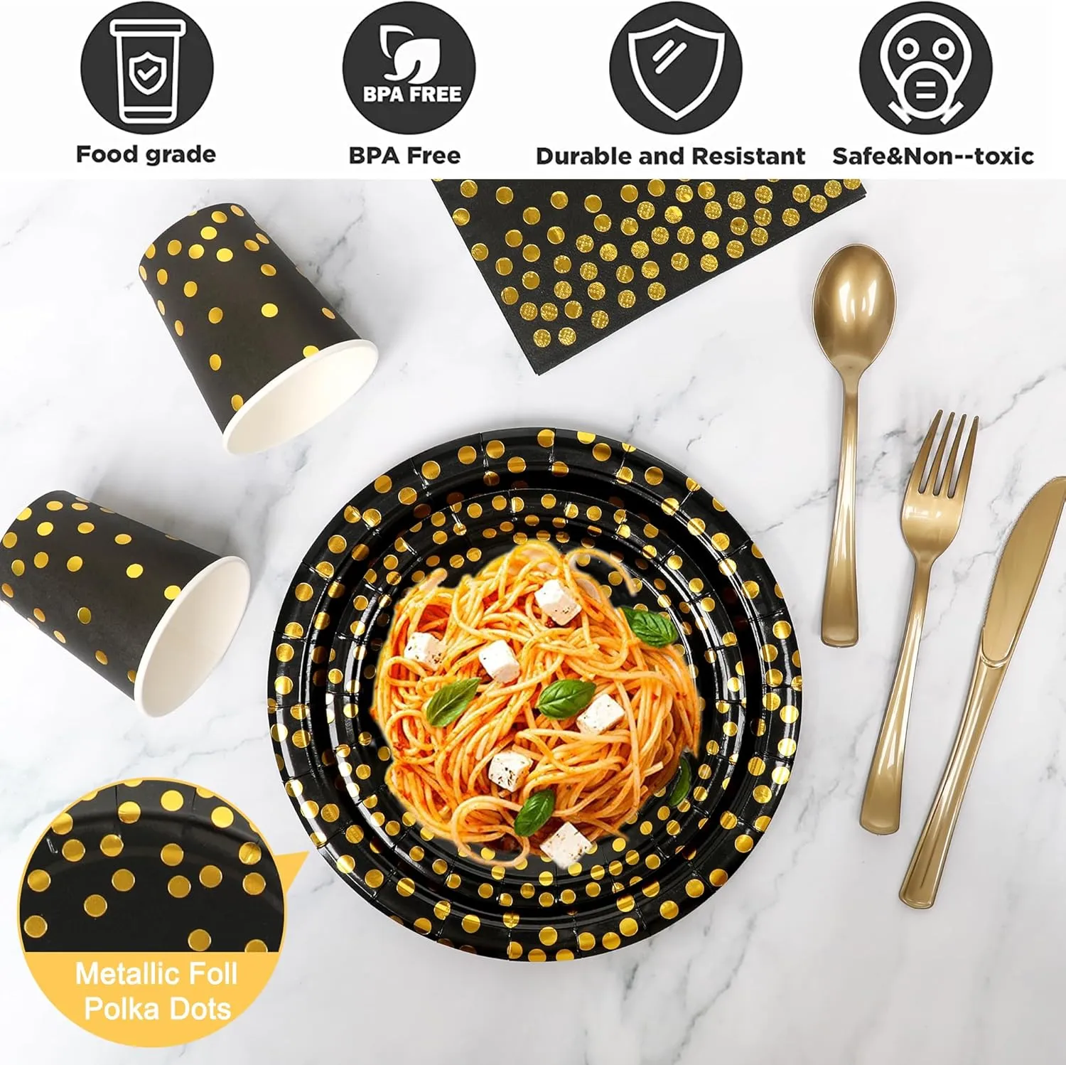 175 Pcs Black and Gold Party Plates Cups and Napkins Sets Black Gold Foil Dot Disposable Dinner Tableware Set With 7" 9" Plates Napkins Cups Knife Fork Spoon Party Supplies Serve 25 Guests
