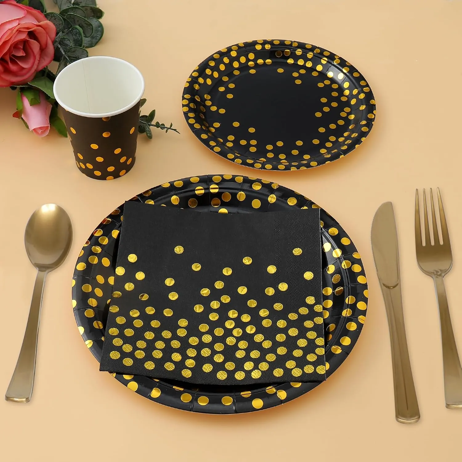 175 Pcs Black and Gold Party Plates Cups and Napkins Sets Black Gold Foil Dot Disposable Dinner Tableware Set With 7" 9" Plates Napkins Cups Knife Fork Spoon Party Supplies Serve 25 Guests