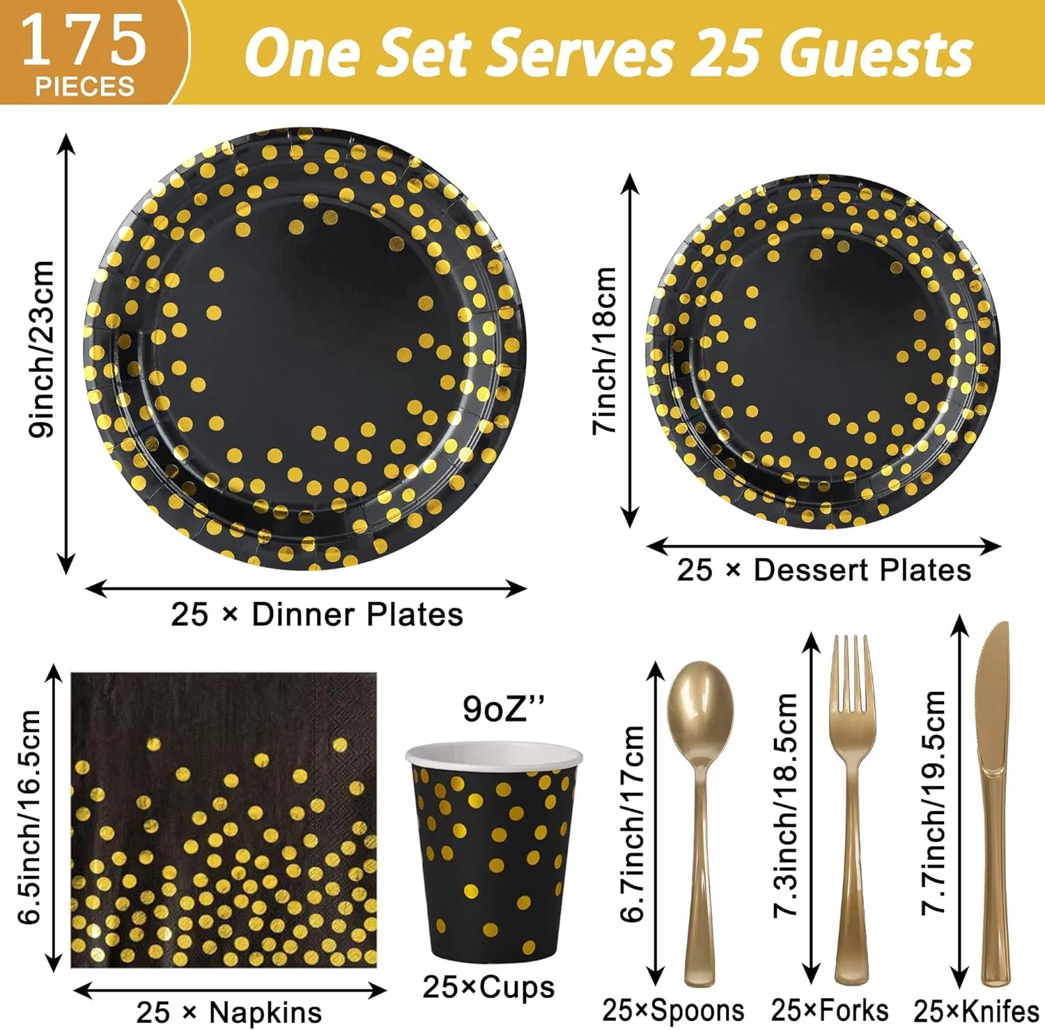 175 Pcs Black and Gold Party Plates Cups and Napkins Sets Black Gold Foil Dot Disposable Dinner Tableware Set With 7" 9" Plates Napkins Cups Knife Fork Spoon Party Supplies Serve 25 Guests