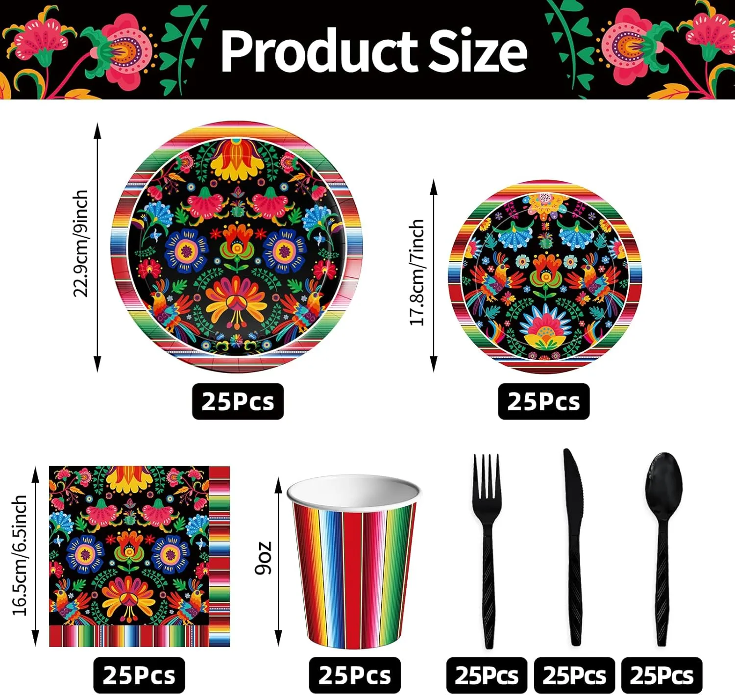 175 Pcs Fiesta Tableware Set – Serves 25, Mexican Party Supplies Disposable Plates, Cups, Napkins, Forks, Spoons, Knives with Floral and Serape Stripe Design for Cinco de Mayo, Birthday Celebrations
