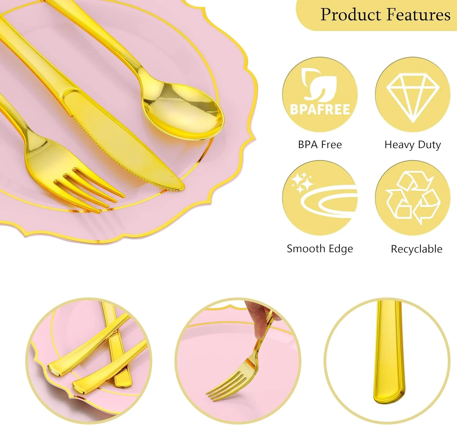 175 PCS Pink Plastic Plates for 25 Guests, Pink and Gold Disposable Dinnerware Set for Party Wedding Include 25 Dinner & 25 Dessert Plates, Spoons, Forks, Knives, Cups, 25 Napkins