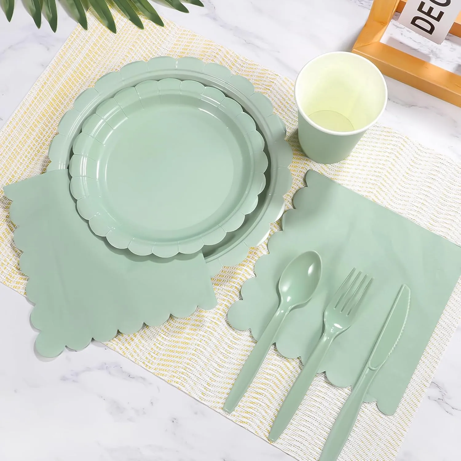 175 Pcs Sage Green Paper Plates and Napkins, Sage Green Party Supplies Include Green Scalloped Plate Paper Napkin Cup Plastic Cutlery for Baby Shower, Wedding, Birthday