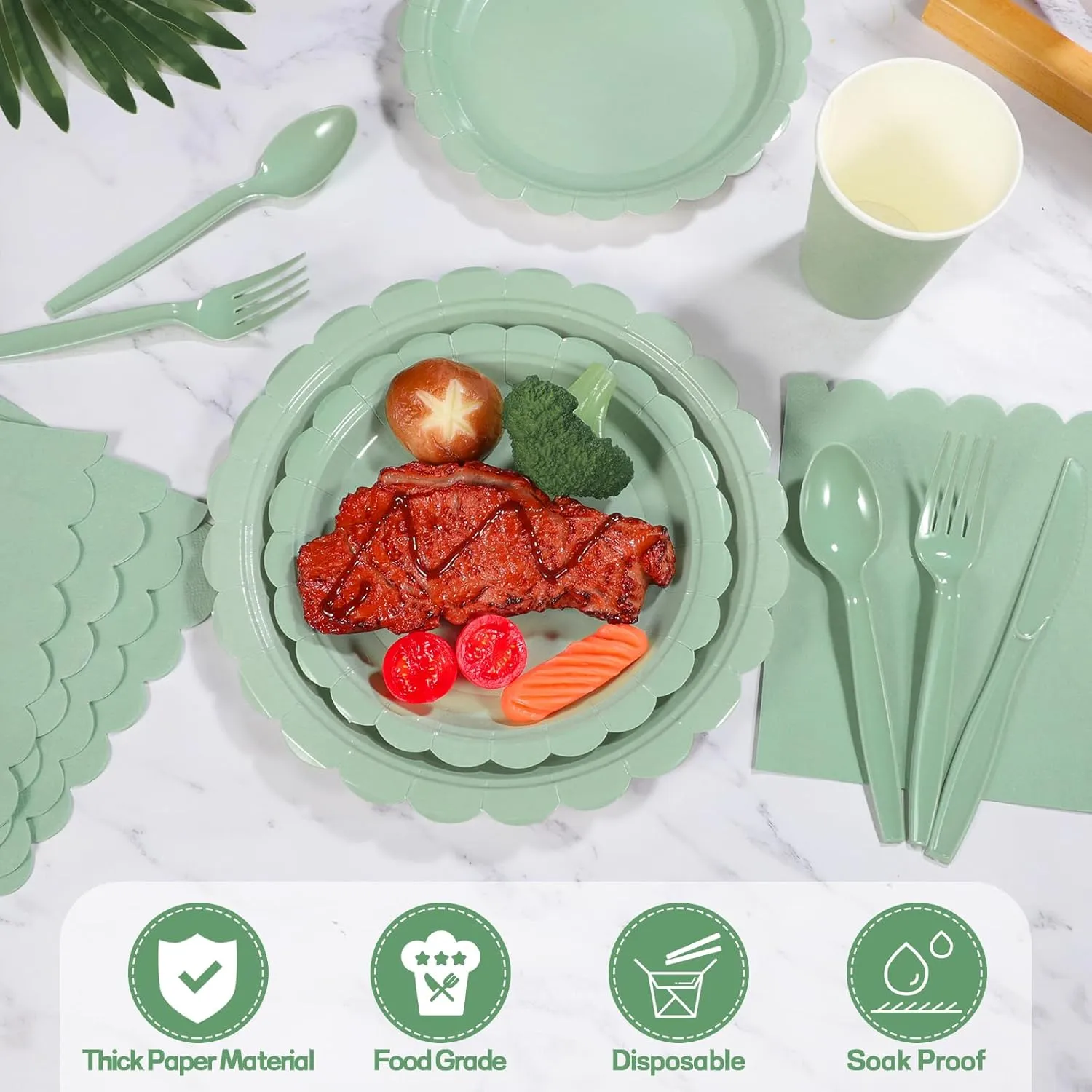 175 Pcs Sage Green Paper Plates and Napkins, Sage Green Party Supplies Include Green Scalloped Plate Paper Napkin Cup Plastic Cutlery for Baby Shower, Wedding, Birthday