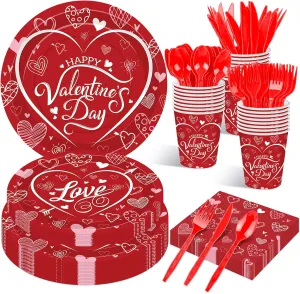 175 Pcs Valentine's Day Tableware Set - Serves 25, Heart and Love-Themed Disposable Plates, Cups, Napkins, Forks, Spoons, Knives for Valentine, Wedding Party Supplies, Romantic Holiday Gatherings