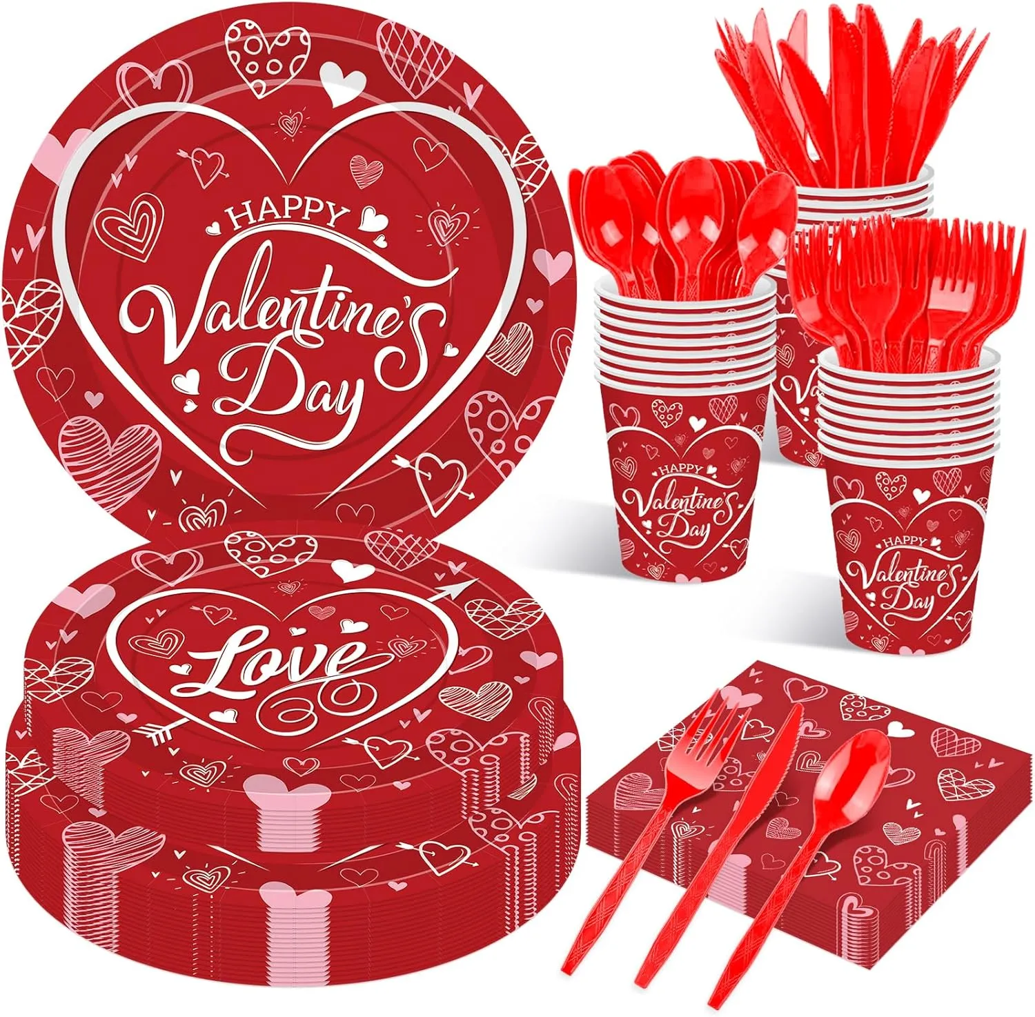 175 Pcs Valentine's Day Tableware Set - Serves 25, Heart and Love-Themed Disposable Plates, Cups, Napkins, Forks, Spoons, Knives for Valentine, Wedding Party Supplies, Romantic Holiday Gatherings