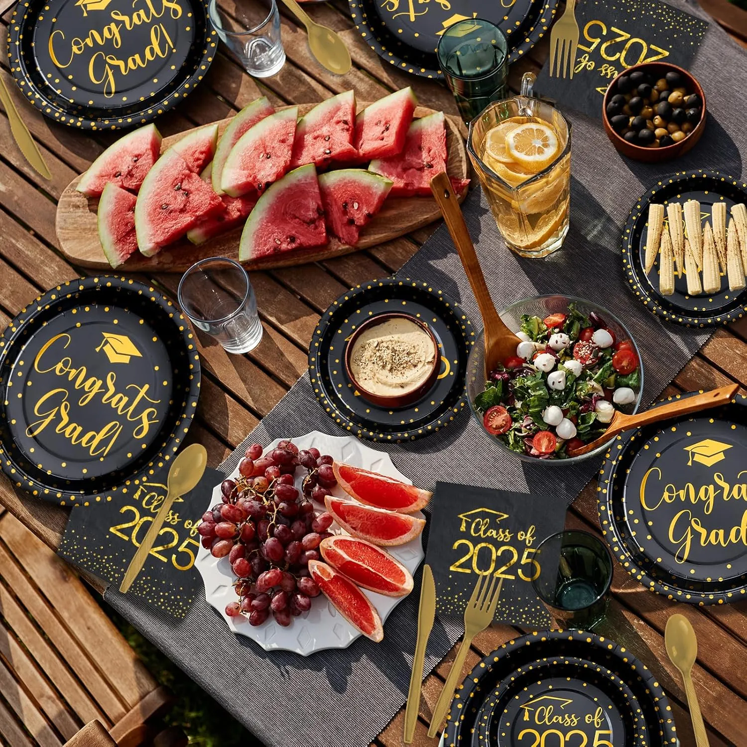 175pcs Class of 2025 Graduation Plates and Napkins Set, Disposable Paper Plate Set Polka Dots Napkins Cups Knife Fork Spoon for Graduation Party Decorations and Supplies,Serve 25 (Black Gold)