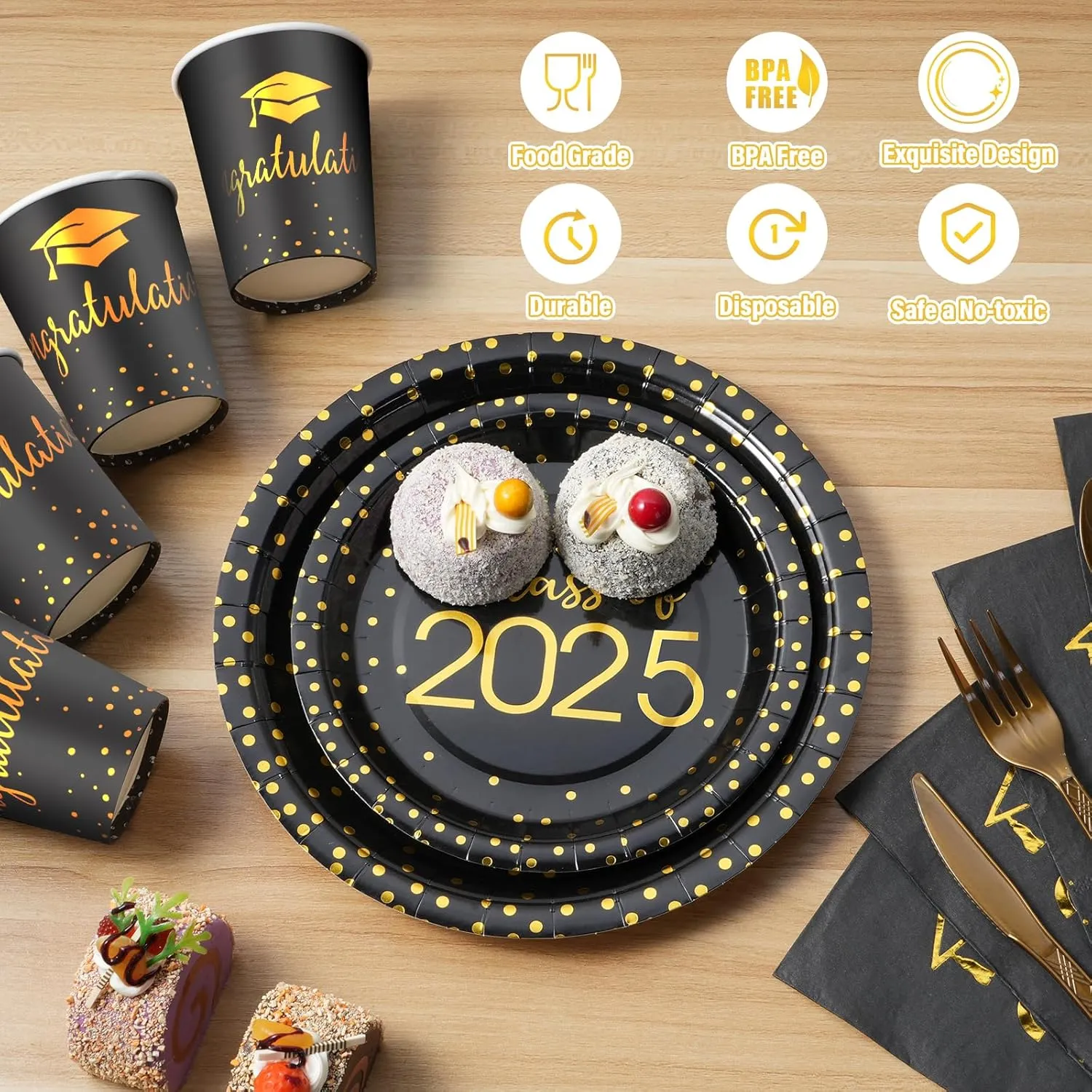 175pcs Class of 2025 Graduation Plates and Napkins Set, Disposable Paper Plate Set Polka Dots Napkins Cups Knife Fork Spoon for Graduation Party Decorations and Supplies,Serve 25 (Black Gold)