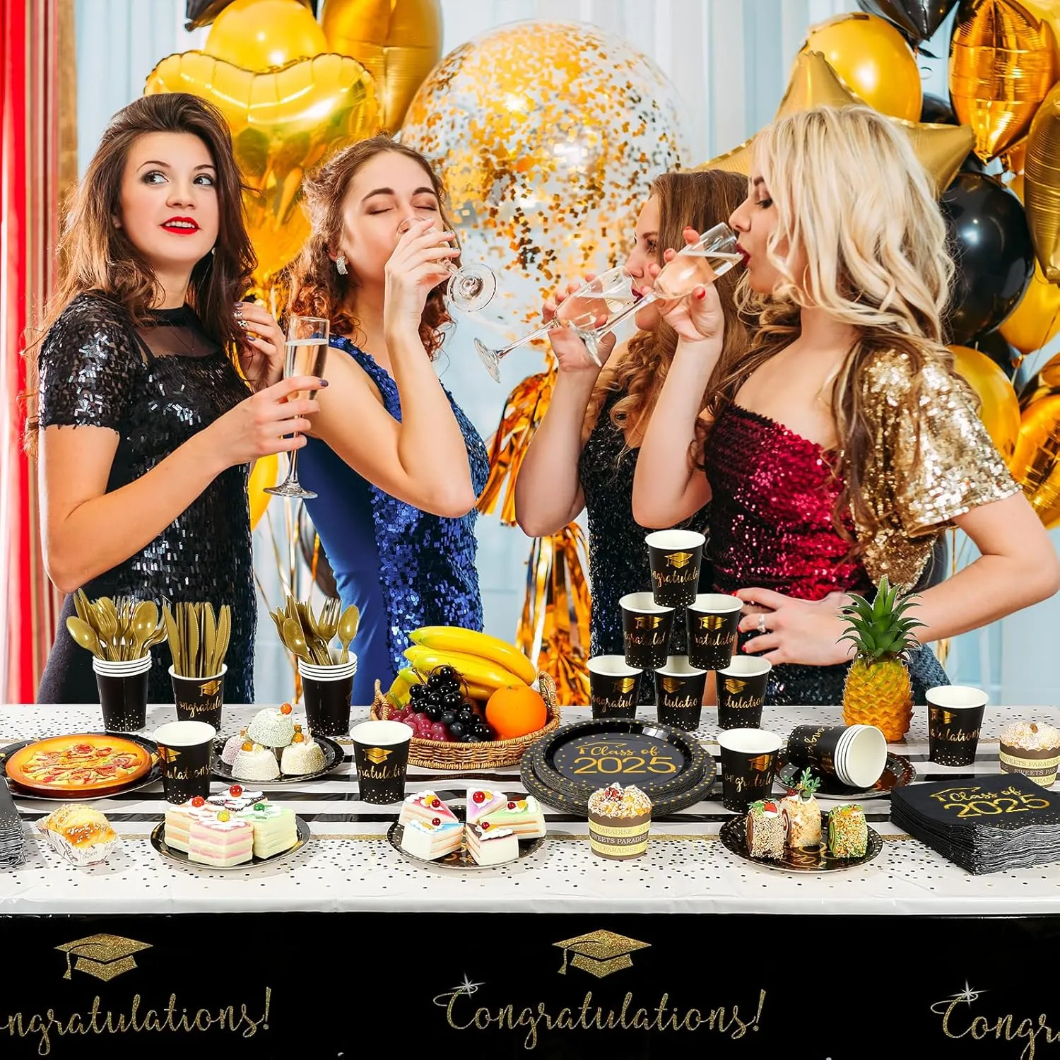 175pcs Class of 2025 Graduation Plates and Napkins Set, Disposable Paper Plate Set Polka Dots Napkins Cups Knife Fork Spoon for Graduation Party Decorations and Supplies,Serve 25 (Black Gold)