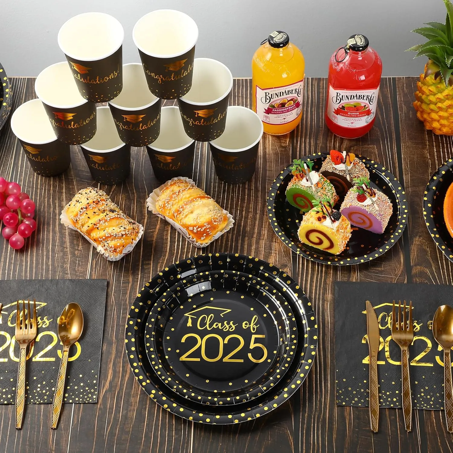 175pcs Class of 2025 Graduation Plates and Napkins Set, Disposable Paper Plate Set Polka Dots Napkins Cups Knife Fork Spoon for Graduation Party Decorations and Supplies,Serve 25 (Black Gold)