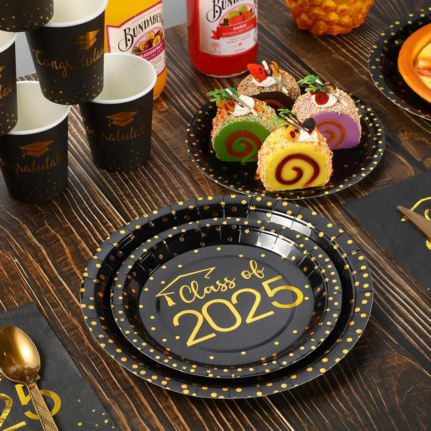 175pcs Class of 2025 Graduation Plates and Napkins Set, Disposable Paper Plate Set Polka Dots Napkins Cups Knife Fork Spoon for Graduation Party Decorations and Supplies,Serve 25 (Black Gold)