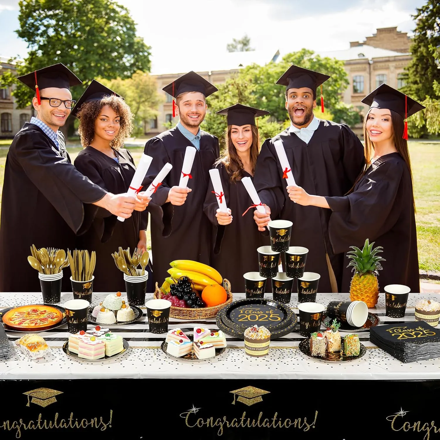 175pcs Class of 2025 Graduation Plates and Napkins Set, Disposable Paper Plate Set Polka Dots Napkins Cups Knife Fork Spoon for Graduation Party Decorations and Supplies,Serve 25 (Black Gold)