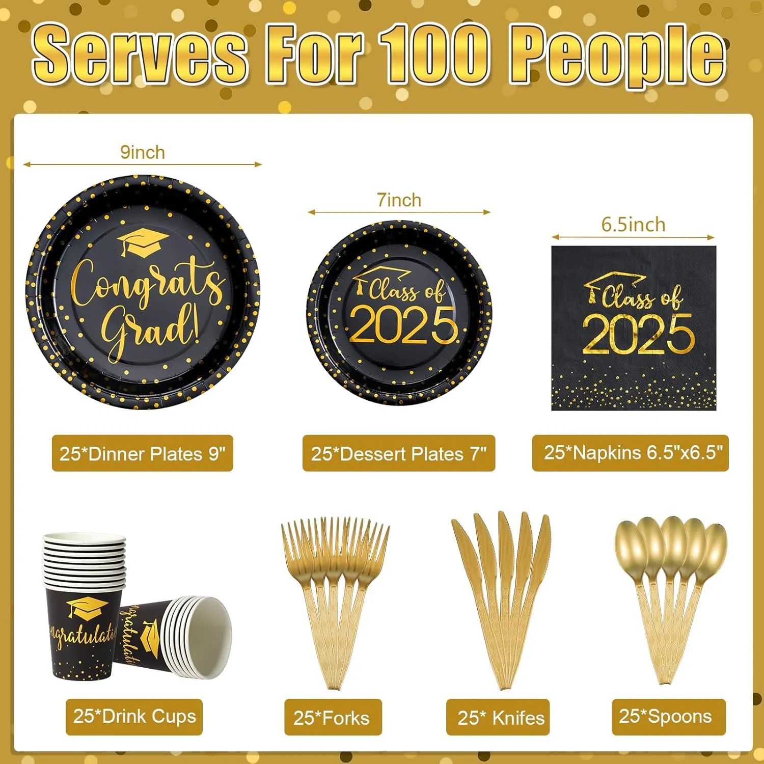 175pcs Class of 2025 Graduation Plates and Napkins Set, Disposable Paper Plate Set Polka Dots Napkins Cups Knife Fork Spoon for Graduation Party Decorations and Supplies,Serve 25 (Black Gold)