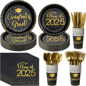 175pcs Class of 2025 Graduation Plates and Napkins Set, Disposable Paper Plate Set Polka Dots Napkins Cups Knife Fork Spoon for Graduation Party Decorations and Supplies,Serve 25 (Black Gold)