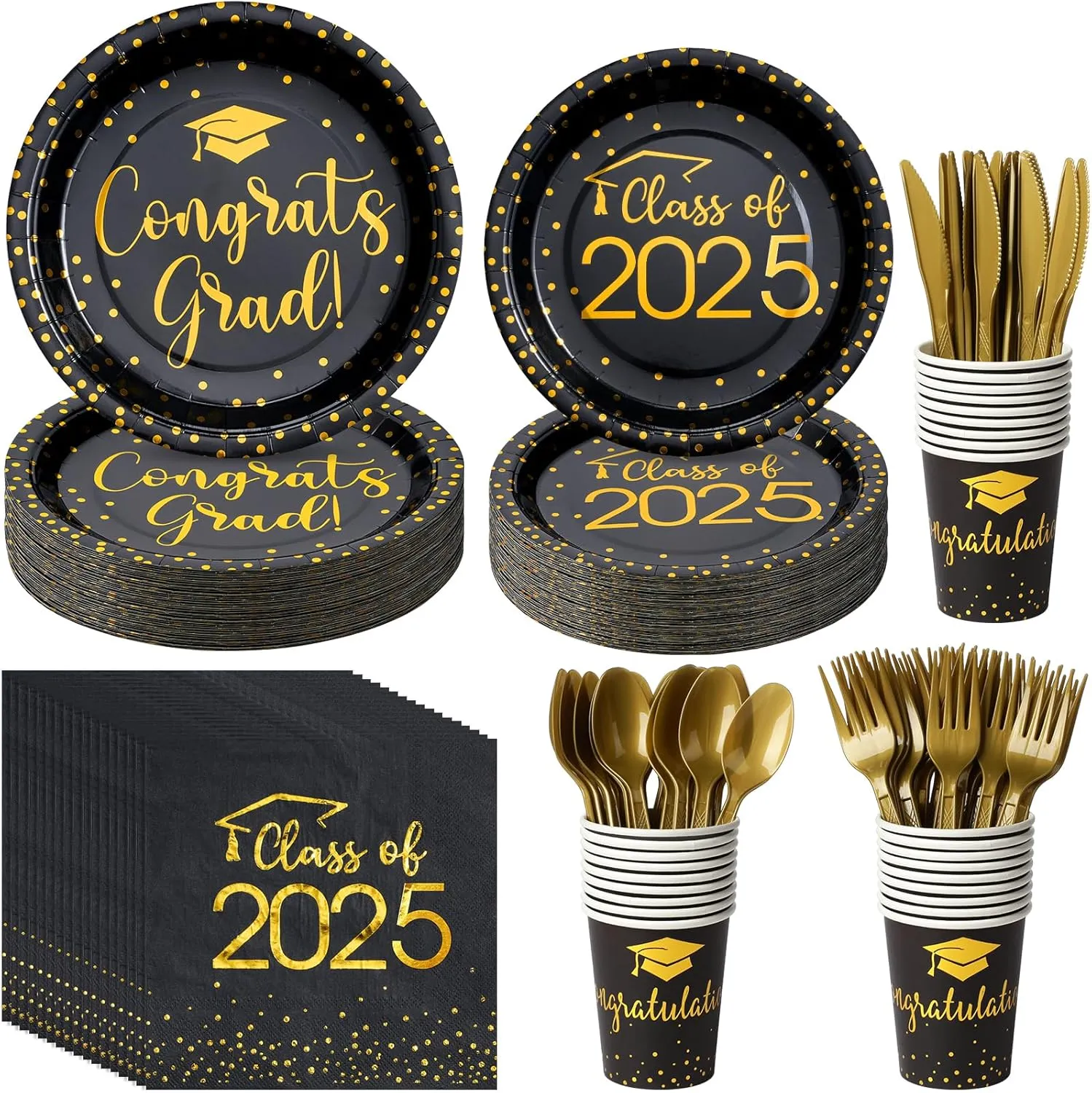175pcs Class of 2025 Graduation Plates and Napkins Set, Disposable Paper Plate Set Polka Dots Napkins Cups Knife Fork Spoon for Graduation Party Decorations and Supplies,Serve 25 (Black Gold)