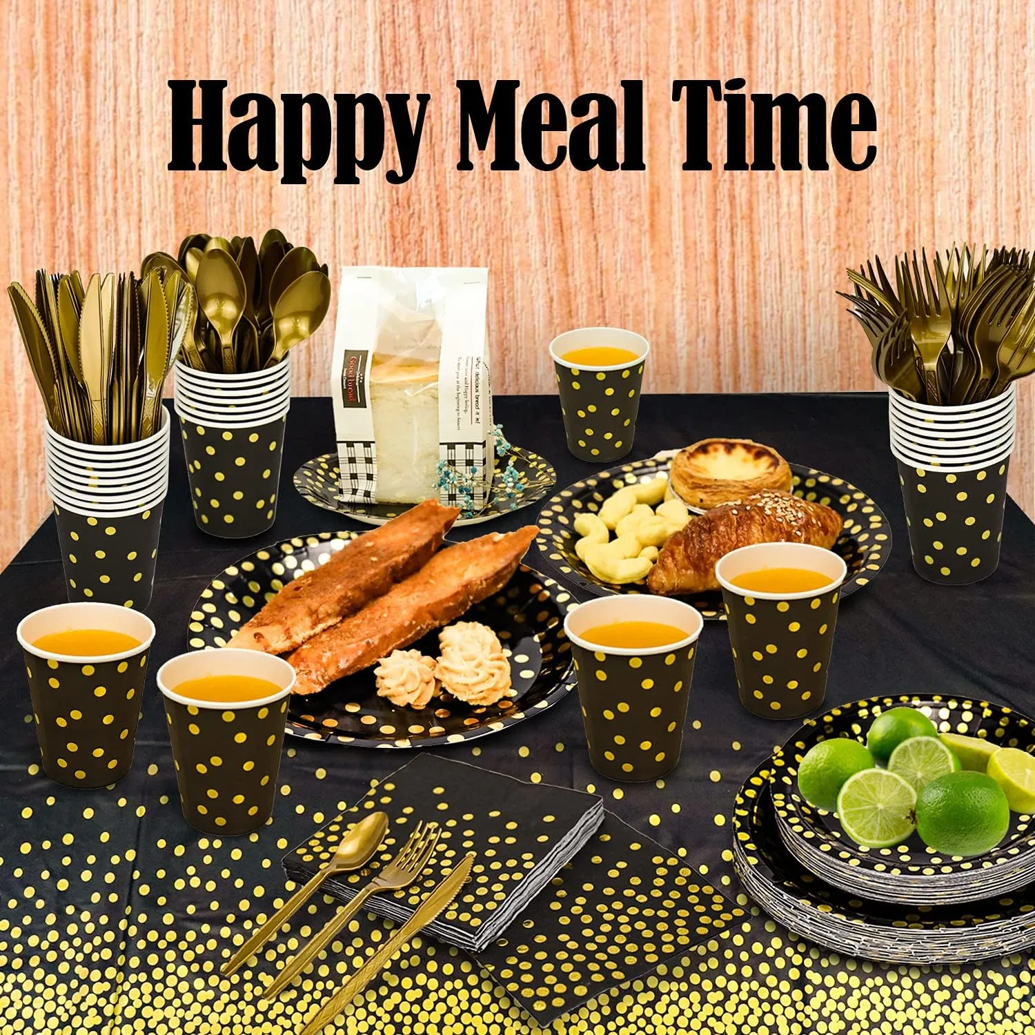 176 Pieces Gold Disposable Party Dinnerware Set &Golden Dot Disposable Party Dinnerware - Black Paper Plates Napkins Cups, Gold Plastic Forks Knives Spoons