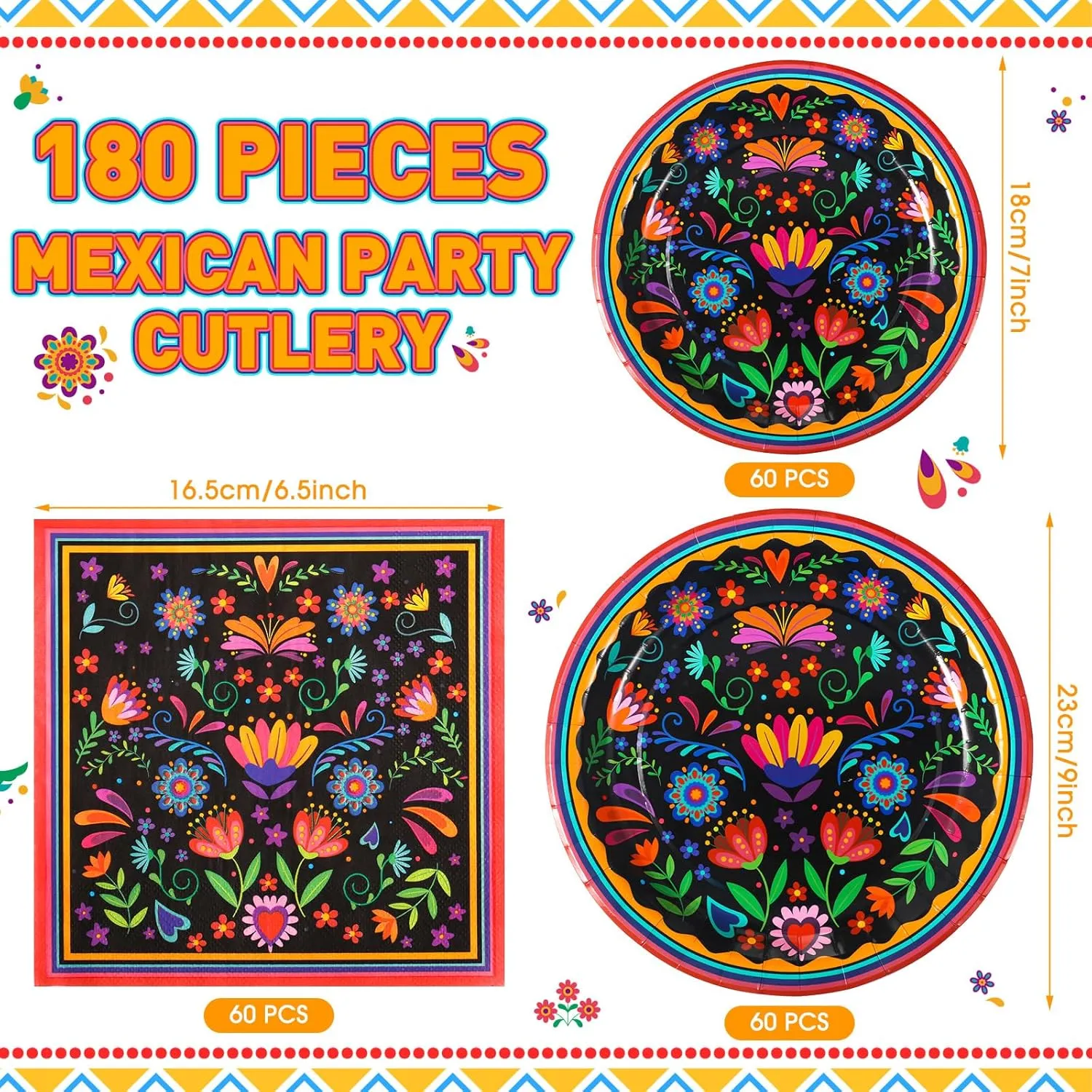180 Pcs Mexican Party Decorations Serve 60 Guest 7'' and 9'' Disposable Paper Plates and Napkins Mexican Party Supplies Tableware Set Flower Dish for Holiday Birthday
