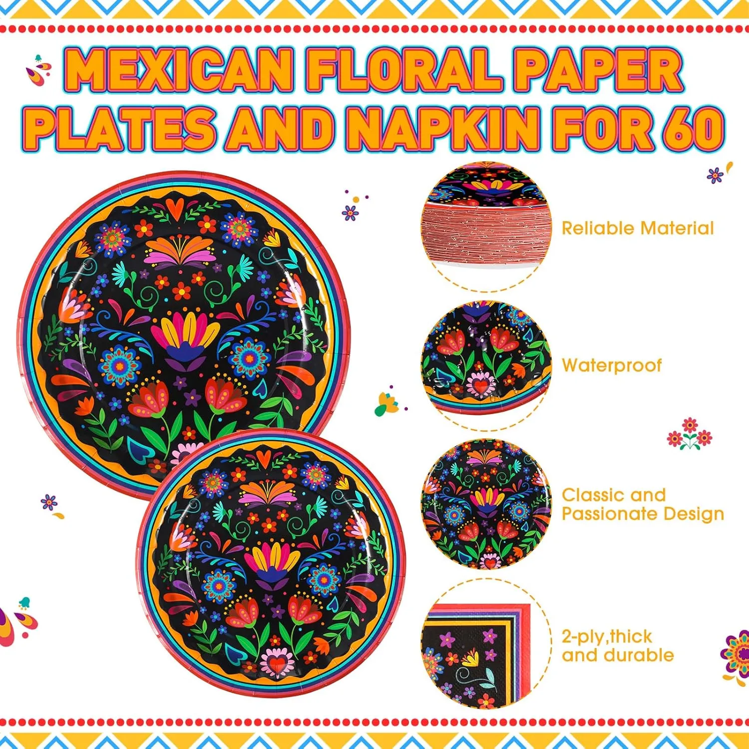 180 Pcs Mexican Party Decorations Serve 60 Guest 7'' and 9'' Disposable Paper Plates and Napkins Mexican Party Supplies Tableware Set Flower Dish for Holiday Birthday