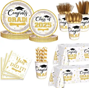 194 Pcs Graduation Decorations White Gold Congrats Grad Party Supplies Class of 2025 Graduation Disposable Tableware Set with Plates Napkins Cups and Tablecloth Serves 24