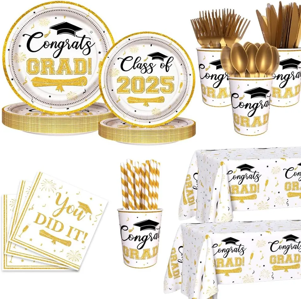 194 Pcs Graduation Decorations White Gold Congrats Grad Party Supplies Class of 2025 Graduation Disposable Tableware Set with Plates Napkins Cups and Tablecloth Serves 24