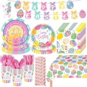 194Pcs Easter Paper Plates & Napkins Sets, Easter Dinnerware/Tableware Sets Including Cups Straws Plastic Cutlery Banner Disposable Tablecloth for Party Supplies Decor, Serves 24 Guests
