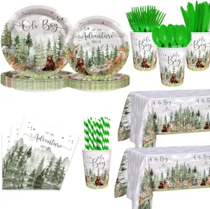 194pcs Let The Adventure Begin Baby Shower Decorations Woodland Baby Shower Plates, Cup, Napkin, Tablecloth, Tableware, Adventure Awaits Boy Mountain Party Supplies Serve 24 Guests