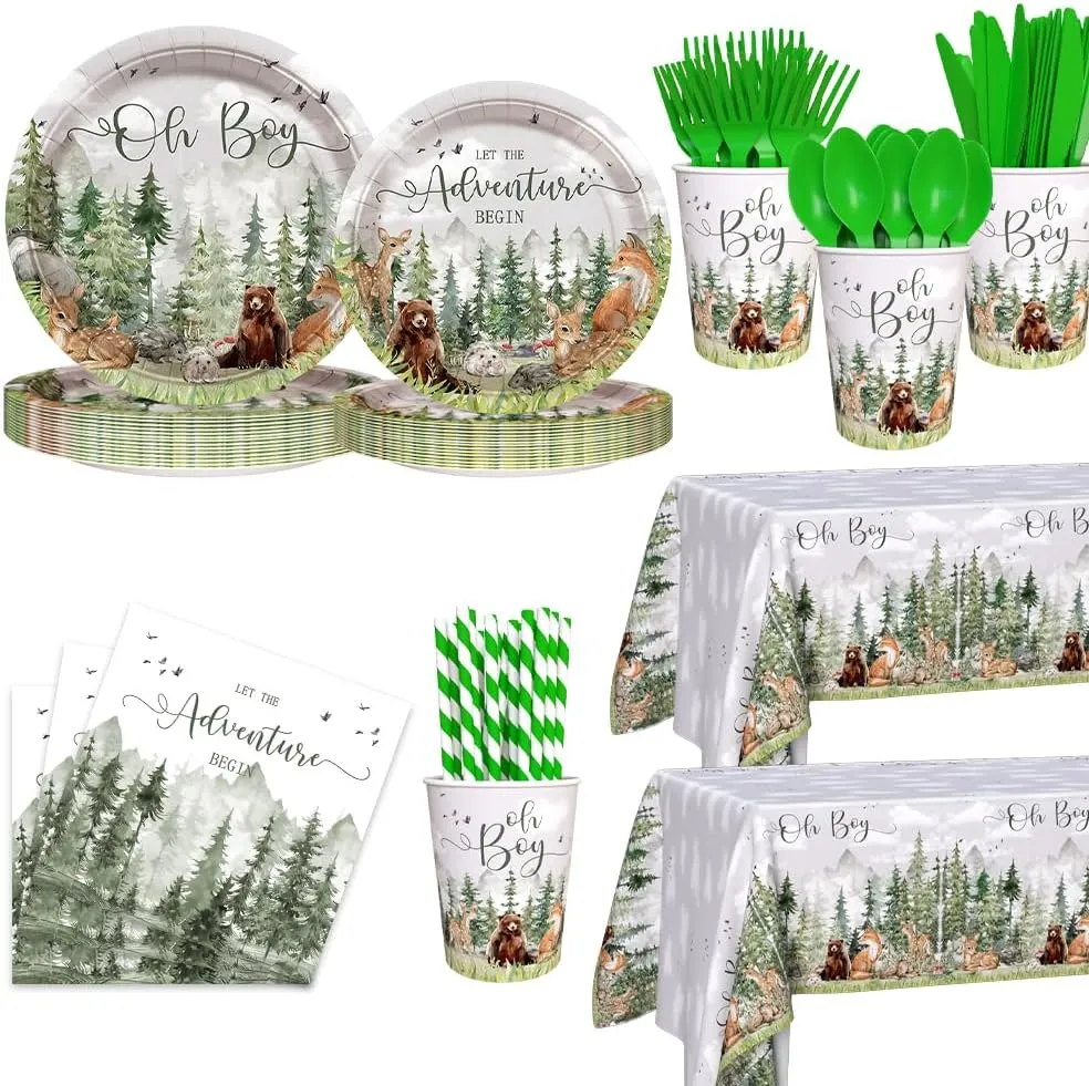 194pcs Let The Adventure Begin Baby Shower Decorations Woodland Baby Shower Plates, Cup, Napkin, Tablecloth, Tableware, Adventure Awaits Boy Mountain Party Supplies Serve 24 Guests