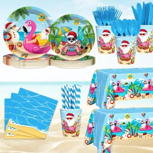 194pcs Summer Christmas Party Decorations for Summer Beach Hawaiian Santa Plates, Cup, Napkin, Tablecloth, Tableware, Christmas July Party Supplies Plates Serve 24 Guests