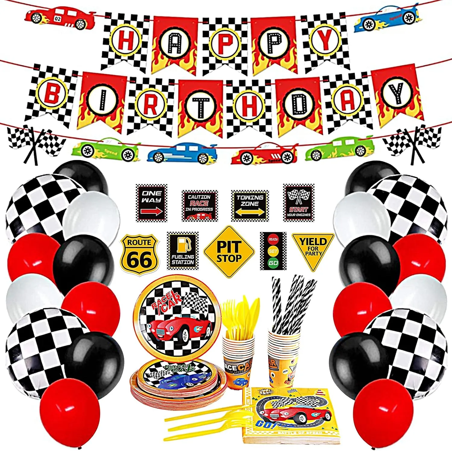 197PCS Race Car Birthday Party Supplies Race Party Decoration Set Racing Birthday Signs Banner Checkered Balloons for Boys,Balloons Tablecloths Plates Cups Straws Tableware Utensils,Serves 20