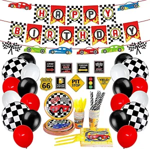 197PCS Race Car Birthday Party Supplies Race Party Decoration Set Racing Birthday Signs Banner Checkered Balloons for Boys,Balloons Tablecloths Plates Cups Straws Tableware Utensils,Serves 20