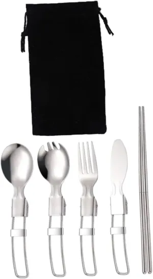 1set Portable Stainless Steel Tableware for Camping and Picnics Multi-functional Forks Spoons and Chopsticks Storage Bag Outdoor Dining Essentials