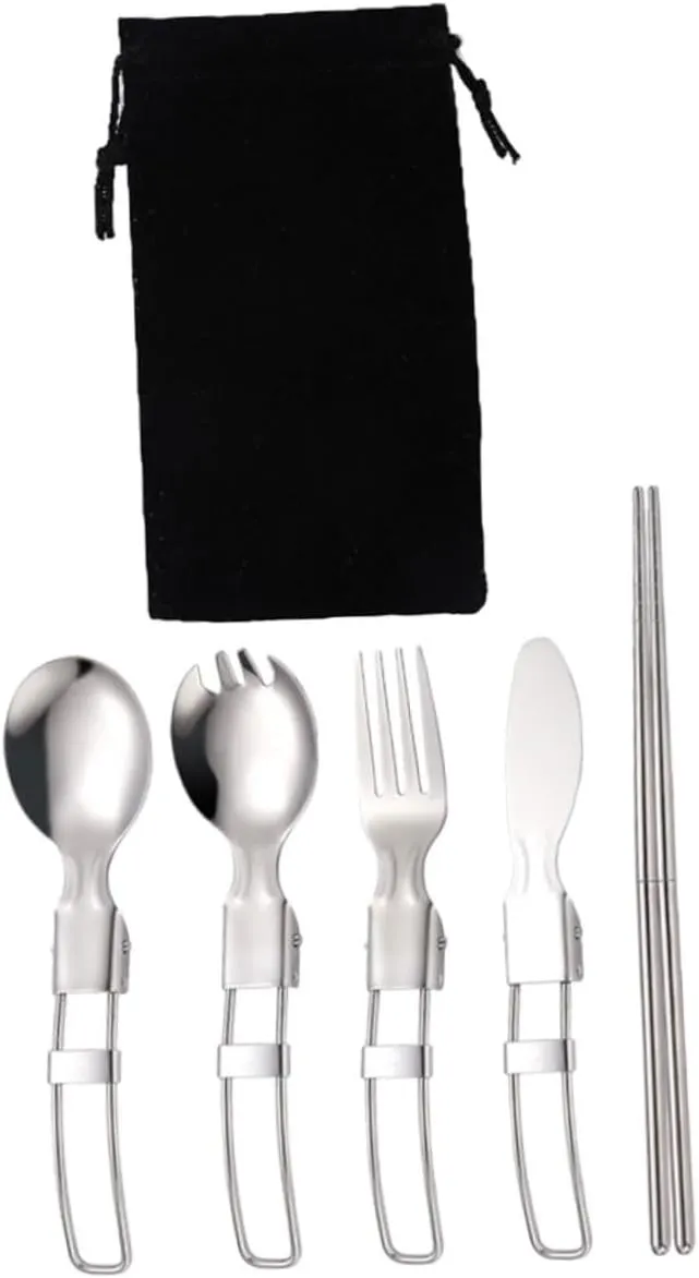 1set Portable Stainless Steel Tableware for Camping and Picnics Multi-functional Forks Spoons and Chopsticks Storage Bag Outdoor Dining Essentials