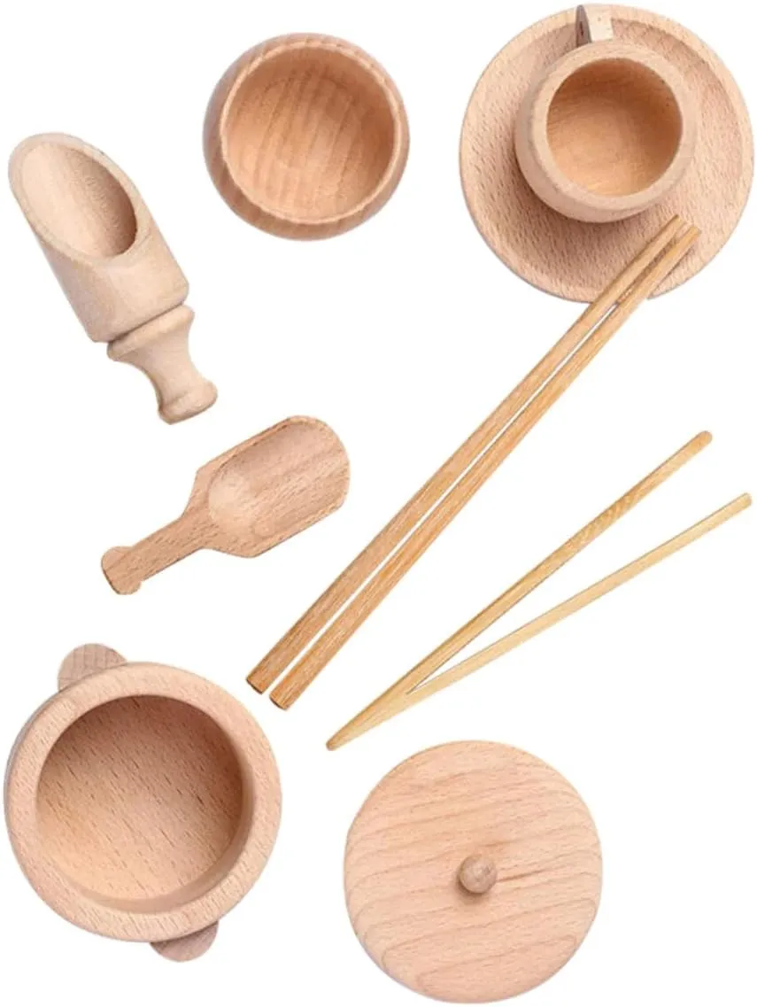 1Set Wooden Dinnerware Playset Sensory Cultivation Educational for Developing Creativity and Motor Skills Safe Light Yellow Montessori Tableware