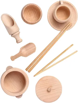 1Set Wooden Dinnerware Playset Sensory Cultivation Educational for Developing Creativity and Motor Skills Safe Light Yellow Montessori Tableware