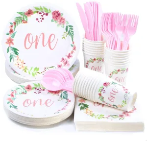 1st Birthday Decorations, Baby Shower Party Supplies, Disposable Paper Plates, Napkins, Cups, Knives, Spoons, Forks, Plastic Cutlery, Tableware Sets (Serves 24, 168 Pieces)