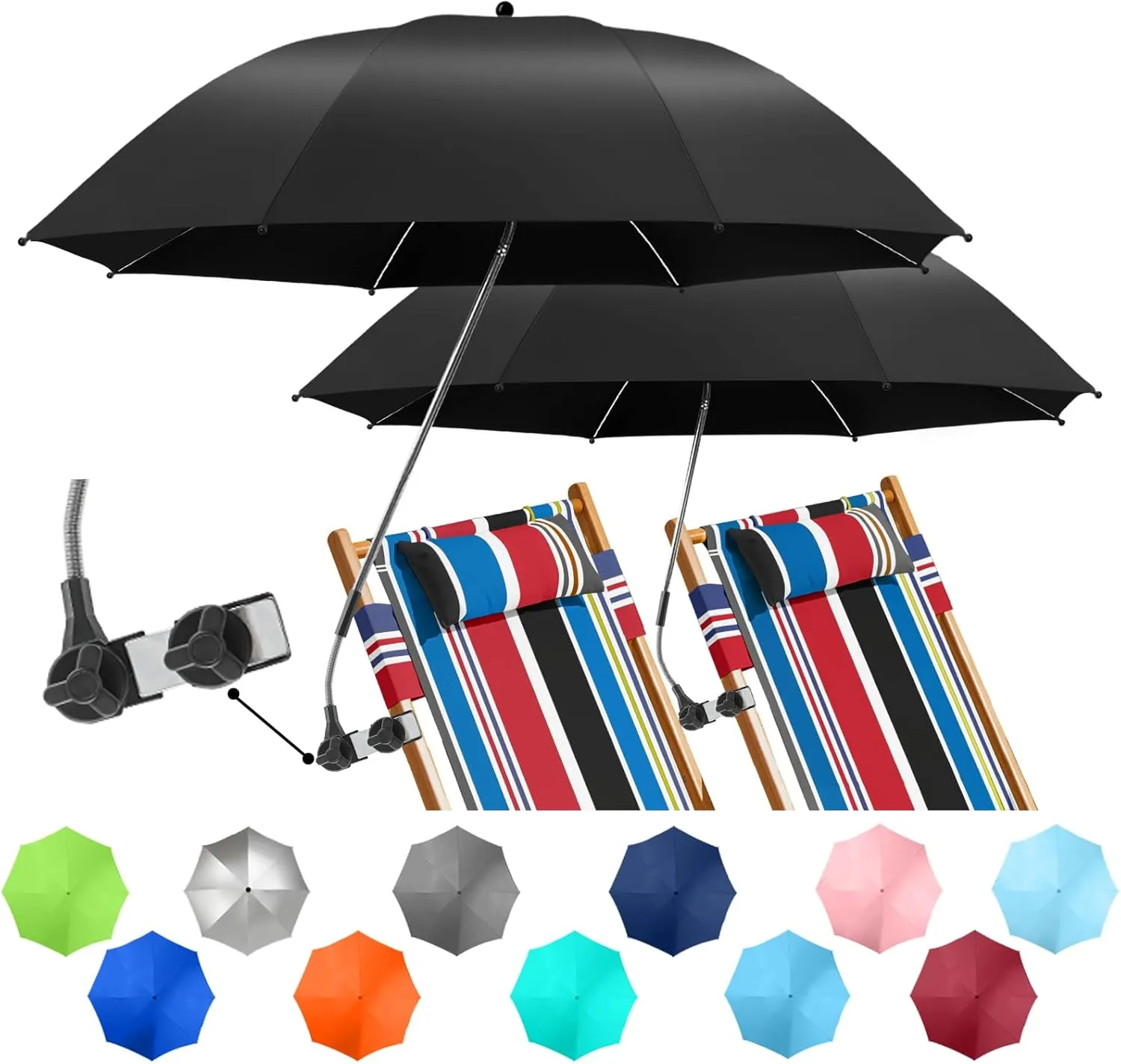 2 PACK Beach Umbrella with Clamp, 360 ° Adjustable Umbrellas for Chair, UPF50  Umbrella for Beach Chair, Patio Chair, Wheelchair, Camping Chair, Golf Carts (Chair Not Included)