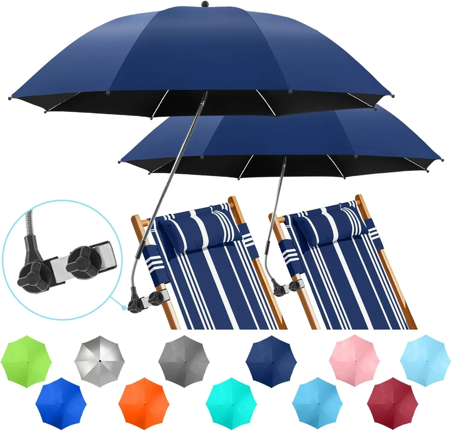 2 PACK Beach Umbrella with Clamp, 360 ° Adjustable Umbrellas for Chair, UPF50  Umbrella for Beach Chair, Patio Chair, Wheelchair, Camping Chair, Golf Carts (Chair Not Included)