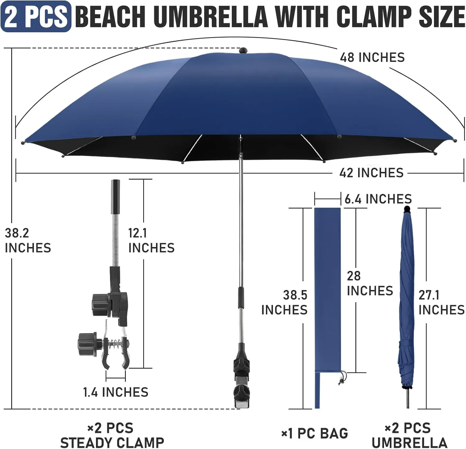 2 PACK Beach Umbrella with Clamp, 360 ° Adjustable Umbrellas for Chair, UPF50  Umbrella for Beach Chair, Patio Chair, Wheelchair, Camping Chair, Golf Carts (Chair Not Included)