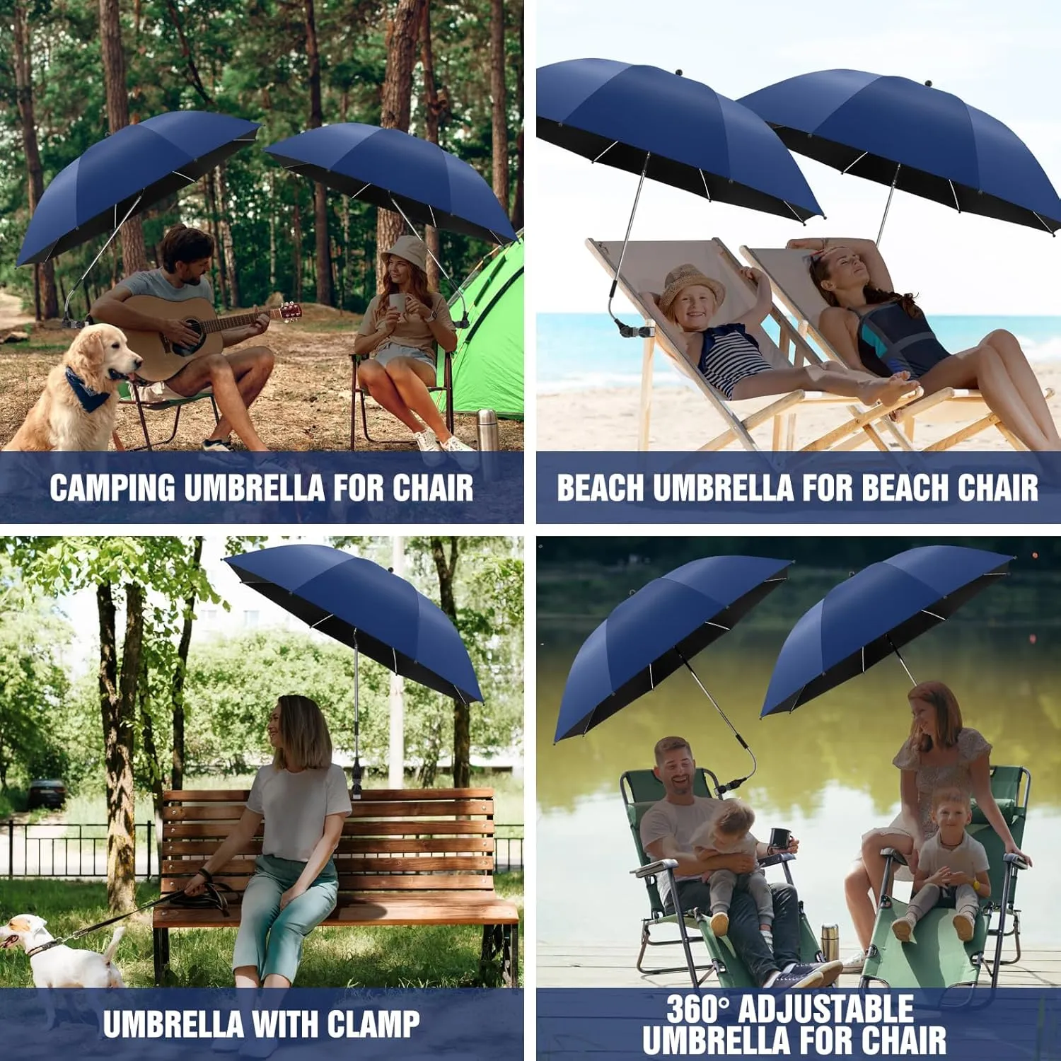 2 PACK Beach Umbrella with Clamp, 360 ° Adjustable Umbrellas for Chair, UPF50  Umbrella for Beach Chair, Patio Chair, Wheelchair, Camping Chair, Golf Carts (Chair Not Included)