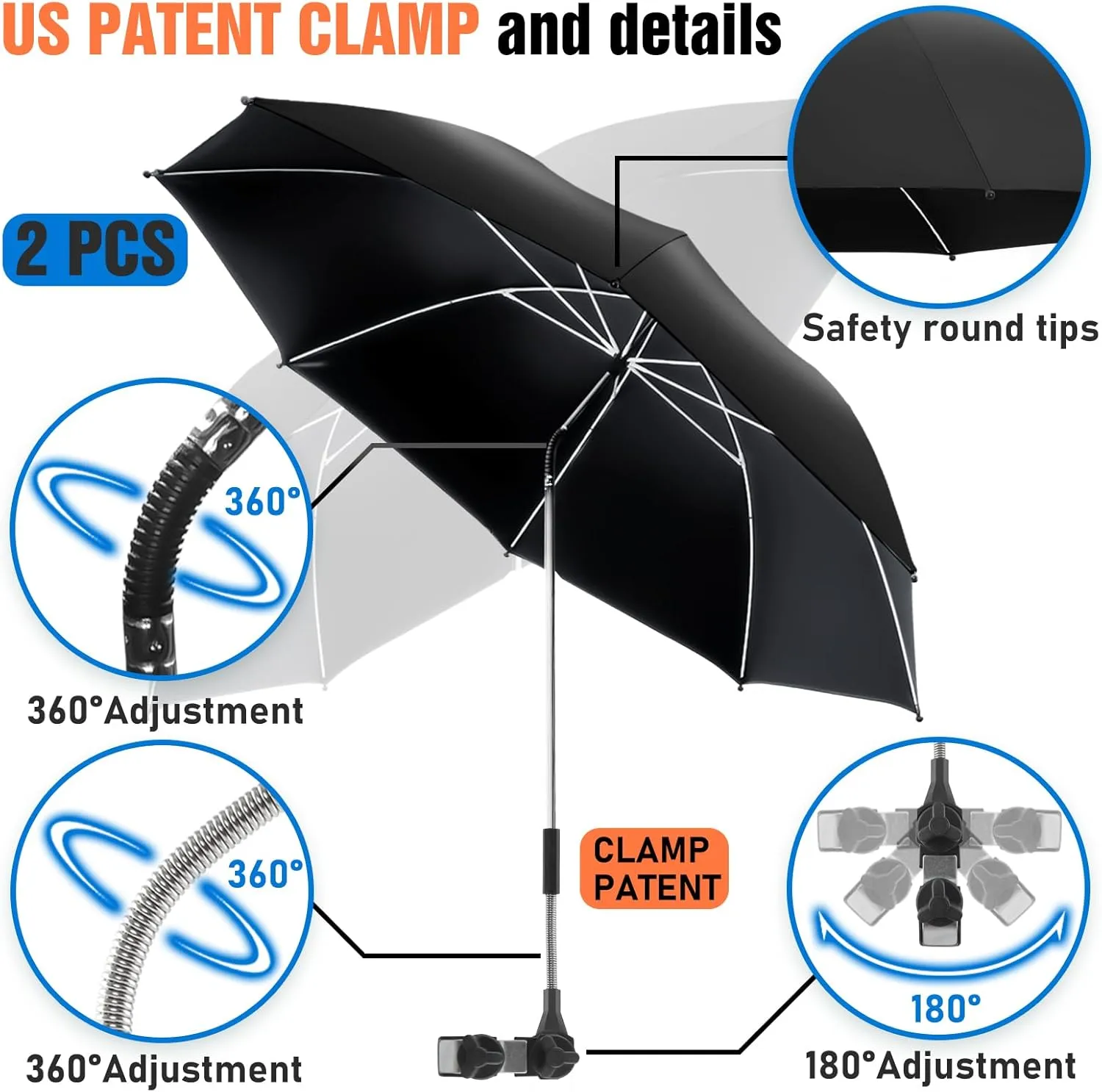 2 PACK Beach Umbrella with Clamp, 360 ° Adjustable Umbrellas for Chair, UPF50  Umbrella for Beach Chair, Patio Chair, Wheelchair, Camping Chair, Golf Carts (Chair Not Included)