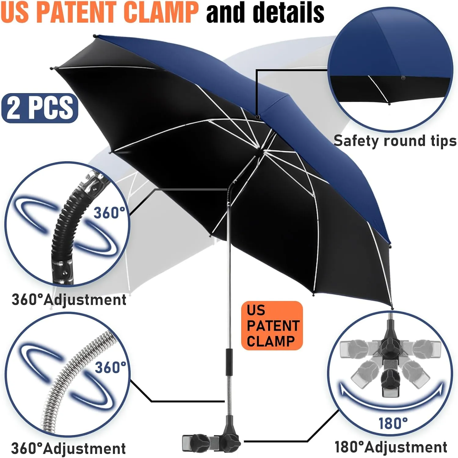 2 PACK Beach Umbrella with Clamp, 360 ° Adjustable Umbrellas for Chair, UPF50  Umbrella for Beach Chair, Patio Chair, Wheelchair, Camping Chair, Golf Carts (Chair Not Included)