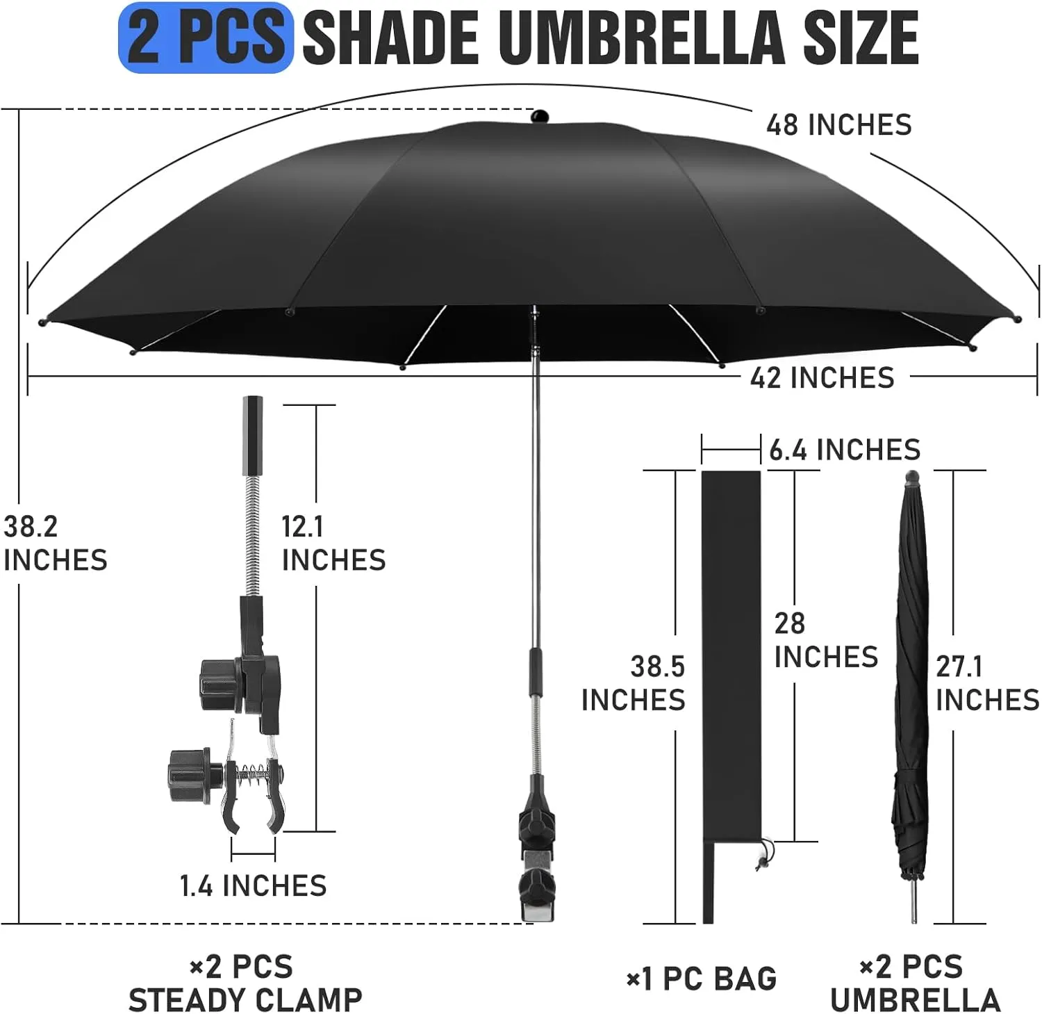 2 PACK Beach Umbrella with Clamp, 360 ° Adjustable Umbrellas for Chair, UPF50  Umbrella for Beach Chair, Patio Chair, Wheelchair, Camping Chair, Golf Carts (Chair Not Included)